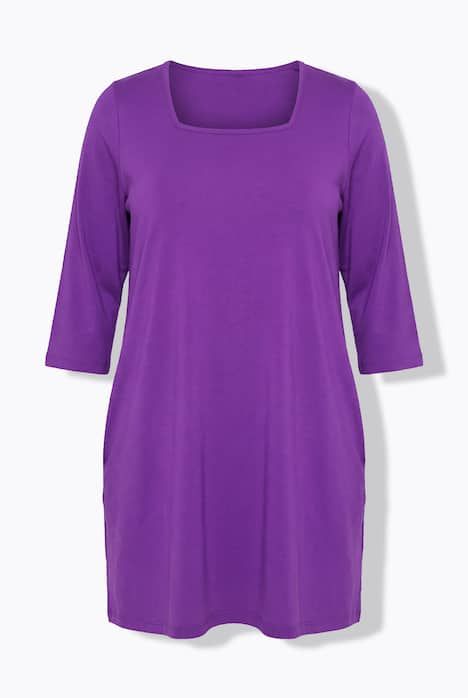 T-shirt long, coupé évasée, décolleté carré et manches 3/4