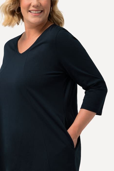 T-shirt long, décolleté en V et manches 3/4, coutures fantaisie, coupe évasée