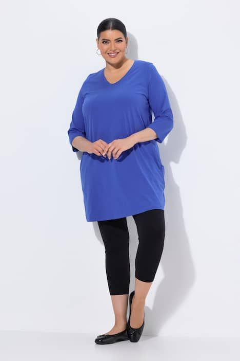 T-shirt long, décolleté en V et manches 3/4, coutures fantaisie, coupe évasée