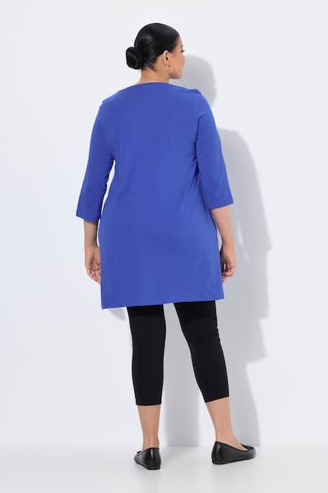 T-shirt long, décolleté en V et manches 3/4, coutures fantaisie, coupe évasée