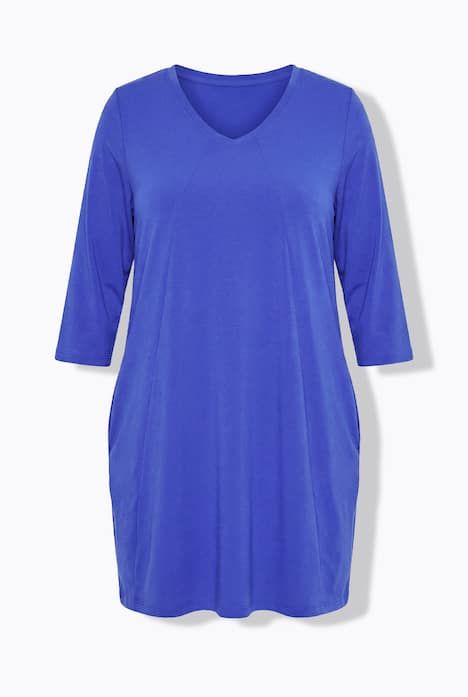 T-shirt long, décolleté en V et manches 3/4, coutures fantaisie, coupe évasée