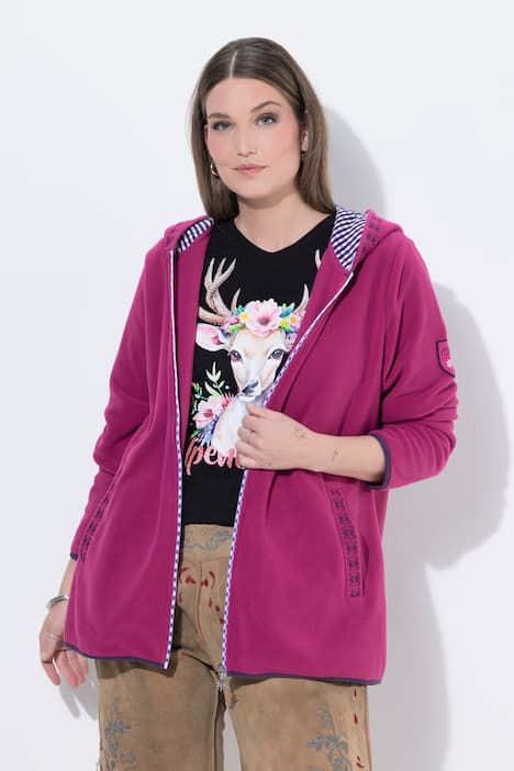 Veste en polaire inspirée du costume traditionnel bavarois, avec capuche, broderie fantaisie et manches longues