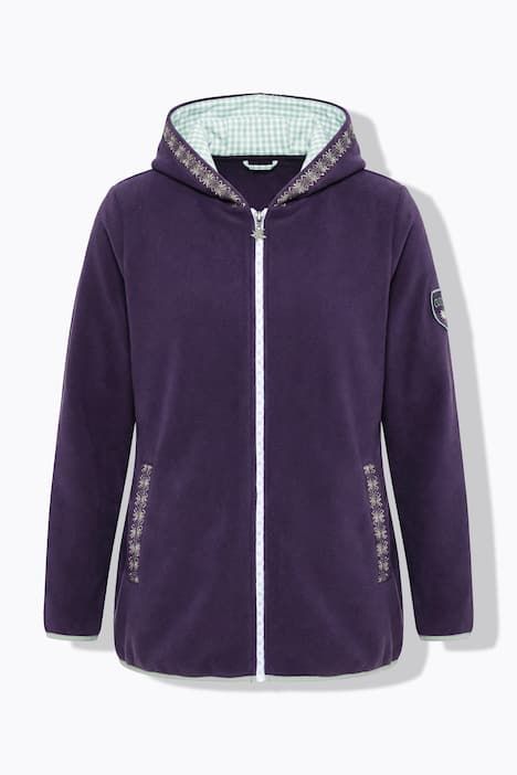 Veste en polaire inspirée du costume traditionnel bavarois, avec capuche, broderie fantaisie et manches longues