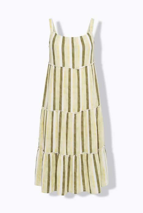 Robe midi à bretelles. Motif rayé. Coupe évasée