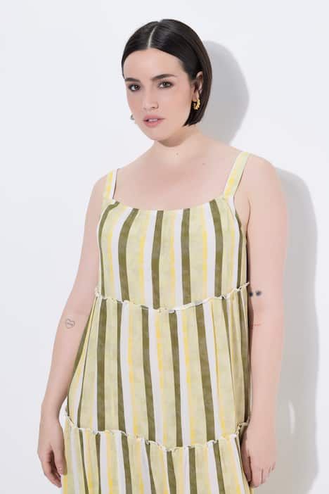 Robe midi à bretelles. Motif rayé. Coupe évasée