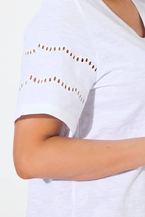 T-shirt, broderie ajourée, coupe évasée, col V, manches chauve-souris