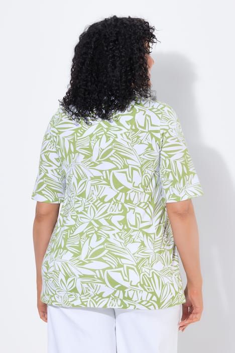 T-shirt, motif feuilles. Manches courtes et col tunisien. Coupe évasée