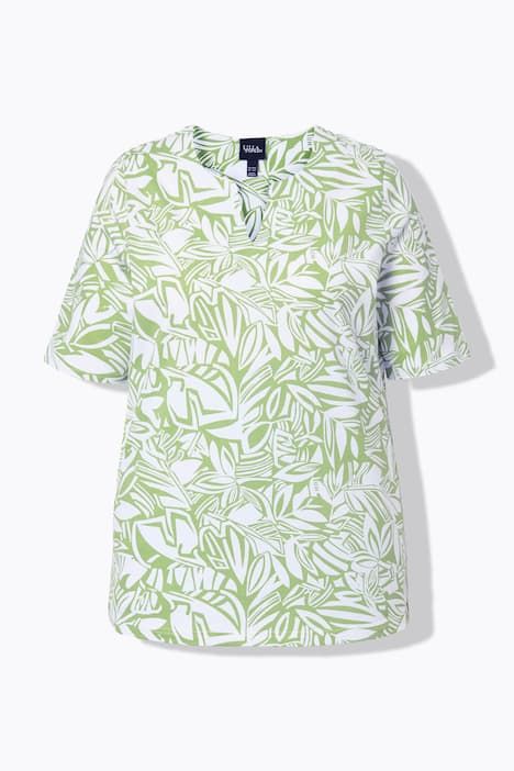 T-shirt, motif feuilles. Manches courtes et col tunisien. Coupe évasée