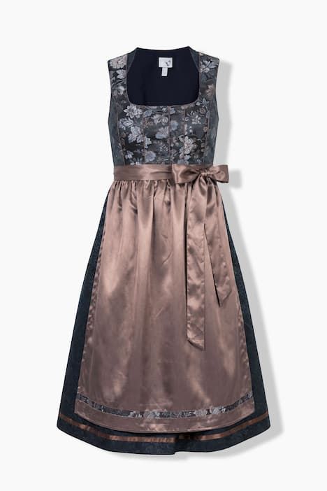Dirndl sans manches, costume traditionnel bavarois. Décolleté carré et tablier en satin. Motif floral