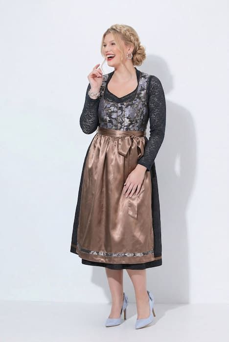 Dirndl sans manches, costume traditionnel bavarois. Décolleté carré et tablier en satin. Motif floral