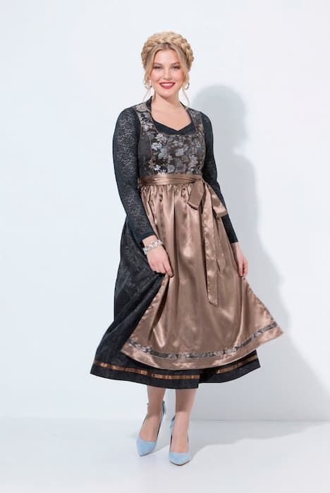 Dirndl sans manches, costume traditionnel bavarois. Décolleté carré et tablier en satin. Motif floral