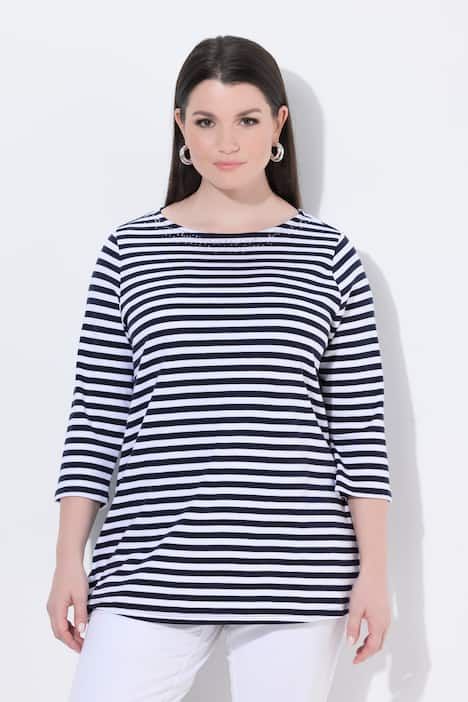 T-shirt à rayures en coton Pima, encolure bateau, manches 3/4