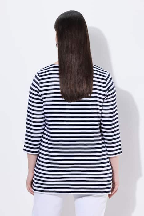 T-shirt à rayures en coton Pima, encolure bateau, manches 3/4