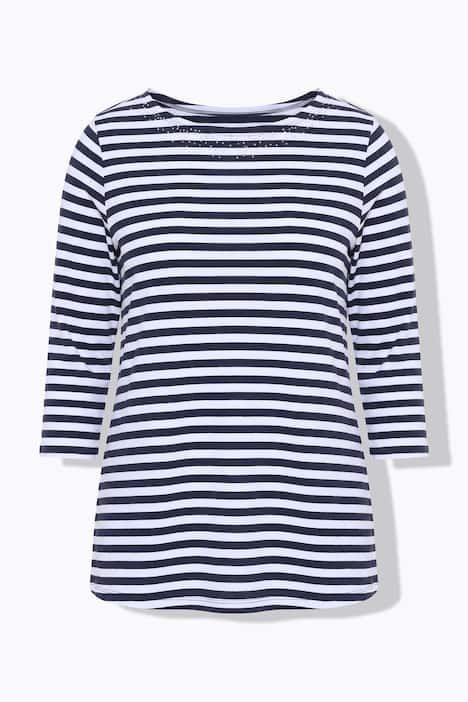 T-shirt à rayures en coton Pima, encolure bateau, manches 3/4