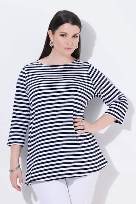 T-shirt à rayures en coton Pima, encolure bateau, manches 3/4