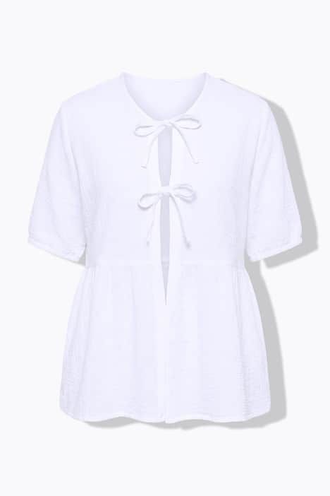 Blouse en mousseline, décolleté en V et manches courtes, rubans en guise de fermeture