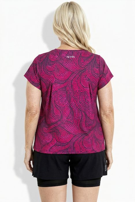 T-shirt technique motif à fleurs, décolleté rond et manches courtes, plis dans le dos