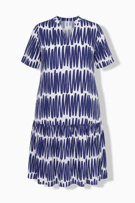 Robe midi à rayures, manches courtes et col montant, coupe évasée