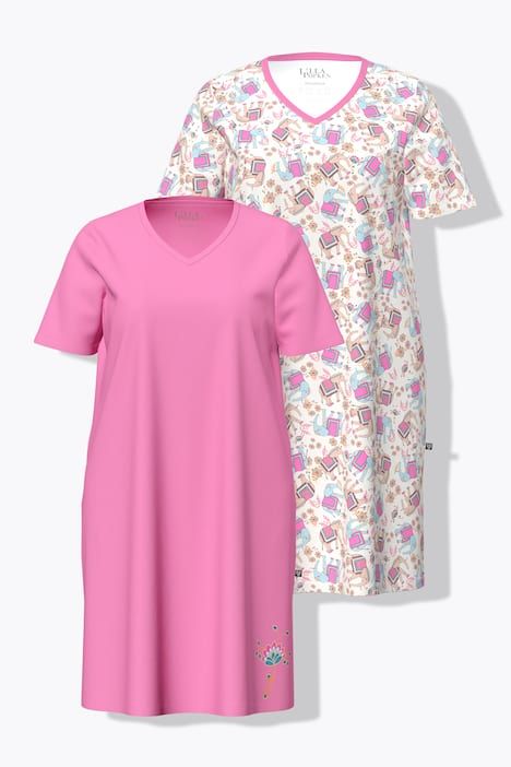 Lot de chemises de nuit / grands T-shirts, motif fleur / éléphants, décolleté en V et manches courtes