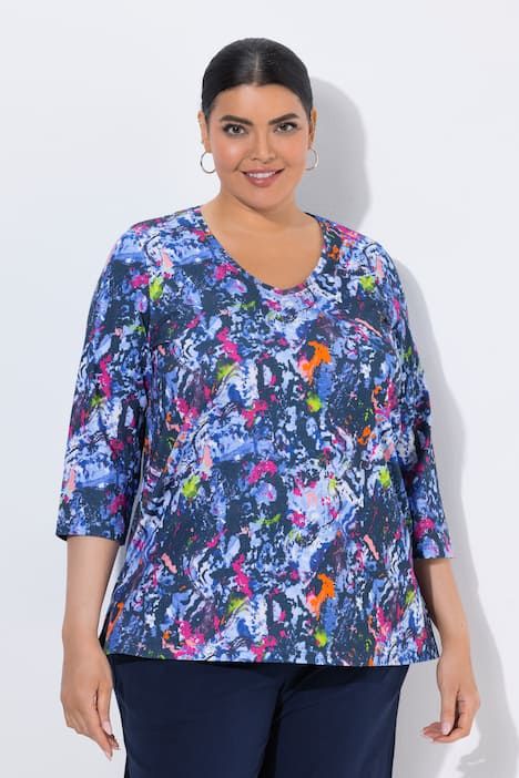 T-shirt imprimé graphique, décolleté en V et manches 3/4