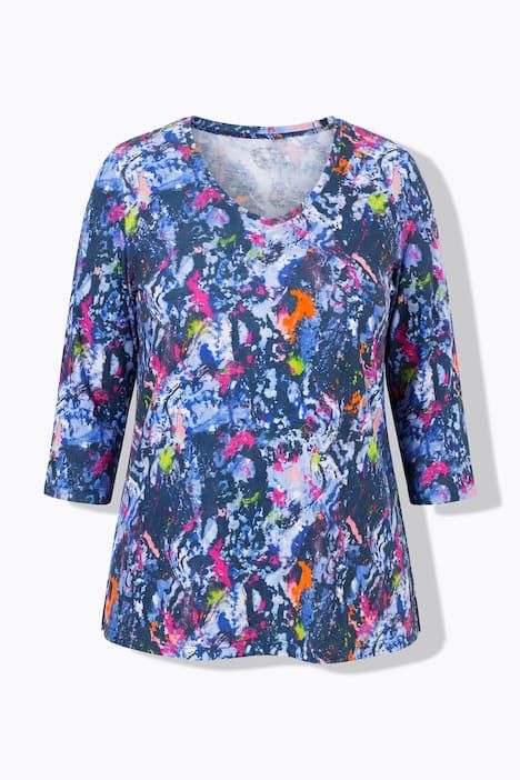 T-shirt imprimé graphique, décolleté en V et manches 3/4