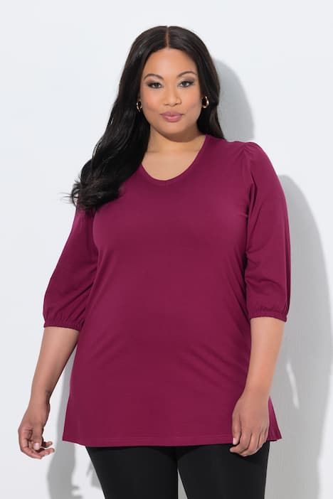 T-shirt long, décolleté en V et manches 3/4 bouffantes