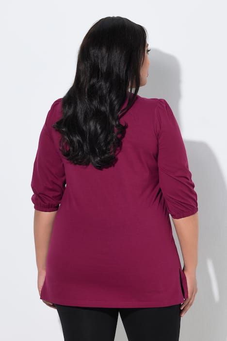 T-shirt long, décolleté en V et manches 3/4 bouffantes