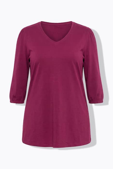 T-shirt long, décolleté en V et manches 3/4 bouffantes