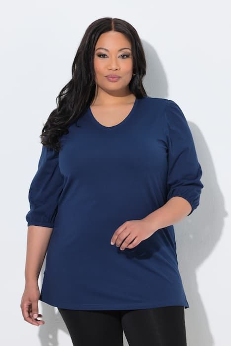 T-shirt long, décolleté en V et manches 3/4 bouffantes