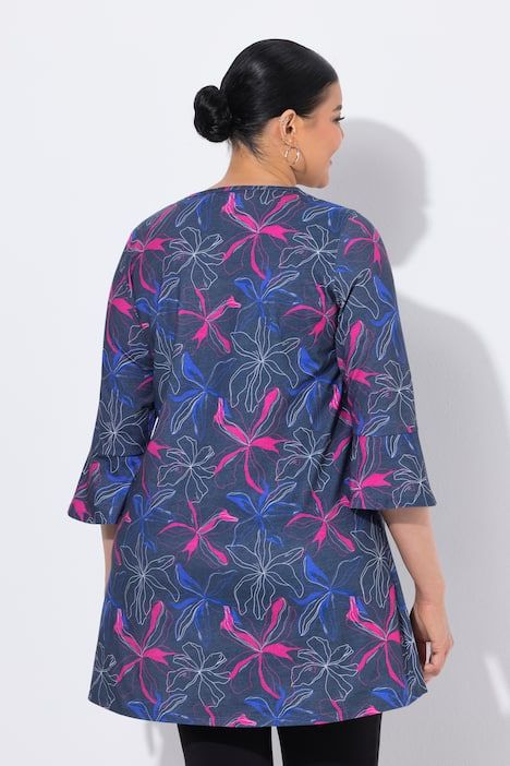 T-shirt long avec imprimé, col tunisien et manches 3/4