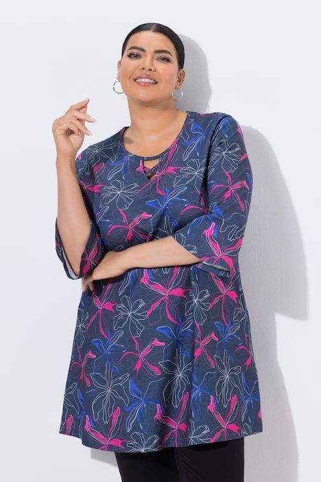 T-shirt long avec imprimé, col tunisien et manches 3/4