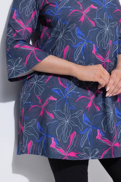 T-shirt long avec imprimé, col tunisien et manches 3/4