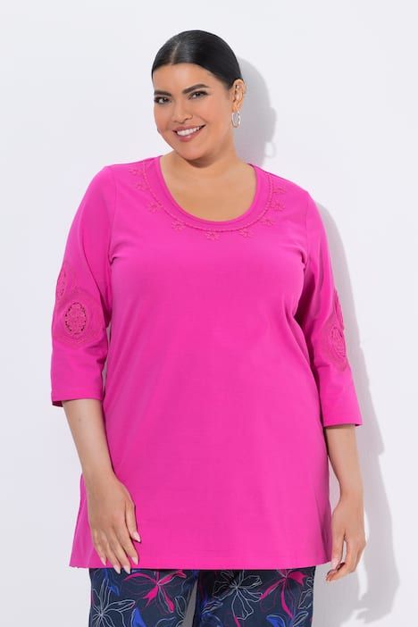 T-shirt manches 3/4, décolleté rond avec broderies