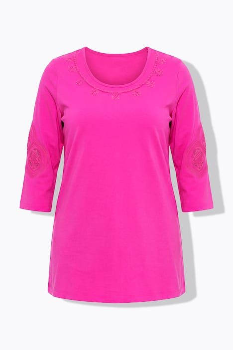 T-shirt manches 3/4, décolleté rond avec broderies