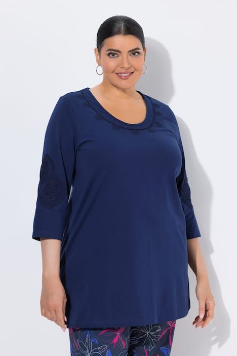 T-shirt manches 3/4, décolleté rond avec broderies