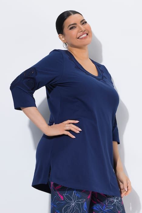 T-shirt manches 3/4, décolleté rond avec broderies