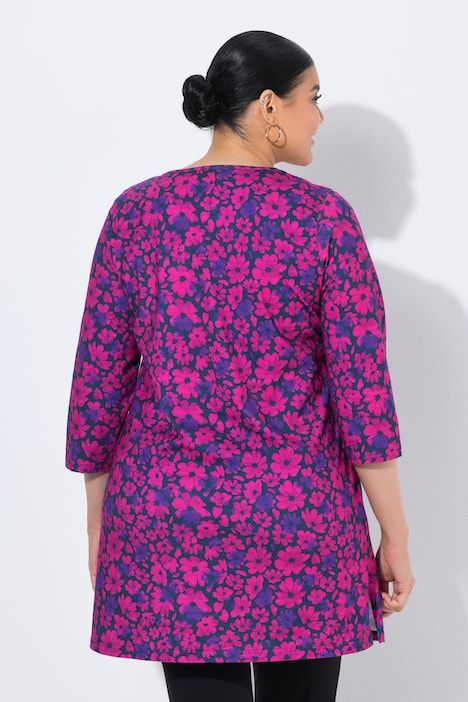 T-shirt long motif à fleurs, décolleté carré et manches 3/4