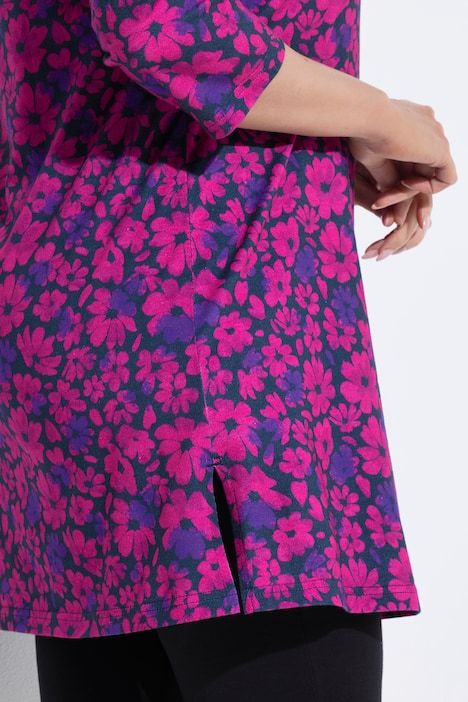 T-shirt long motif à fleurs, décolleté carré et manches 3/4