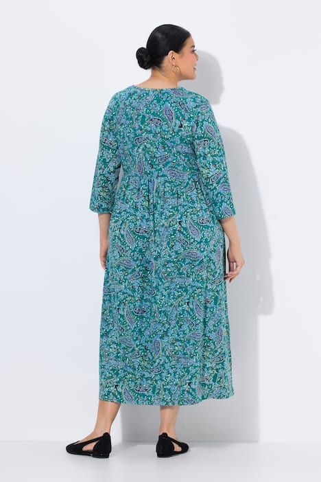 Robe en jersey motif cachemire, décolleté en V et manches 3/4, coupe évasée