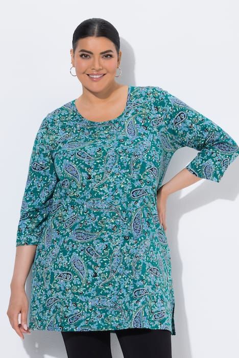 T-shirt long motif cachemire, décolleté rond et manches 3/4