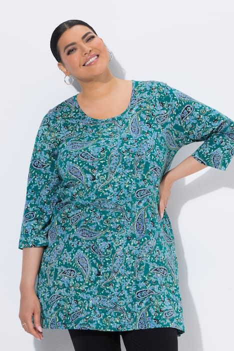 T-shirt long motif cachemire, décolleté rond et manches 3/4