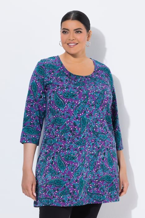 T-shirt long motif cachemire, décolleté rond et manches 3/4