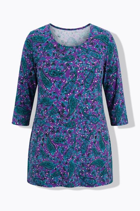 T-shirt long motif cachemire, décolleté rond et manches 3/4