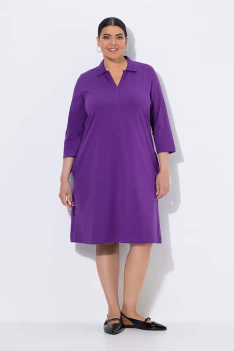 Robe en jersey avec poches, coupe évasée, col chemise et manches 3/4