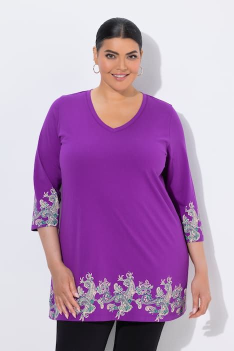 T-shirt long à motif imprimé, décolleté en V et manches 3/4