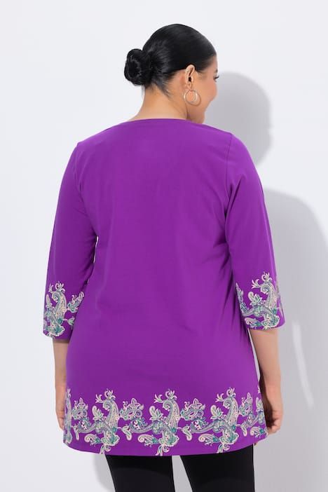 T-shirt long à motif imprimé, décolleté en V et manches 3/4