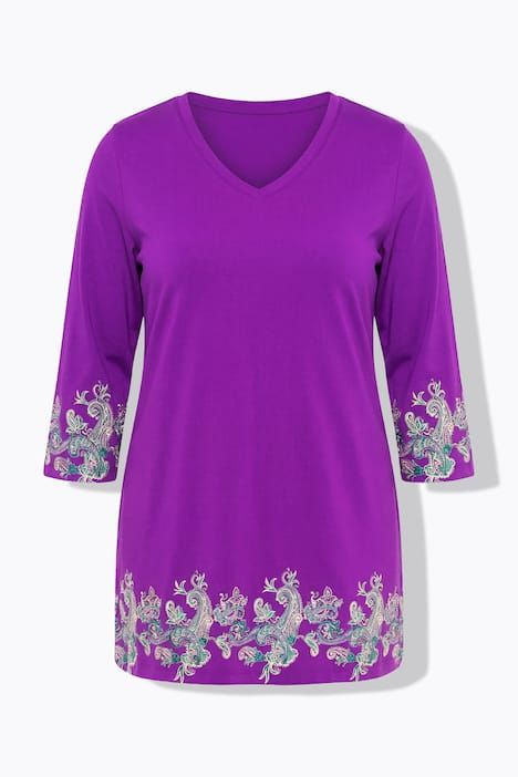 T-shirt long à motif imprimé, décolleté en V et manches 3/4