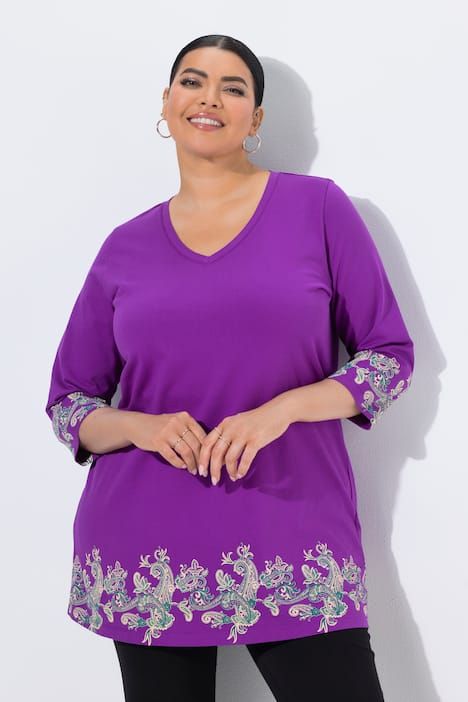 T-shirt long à motif imprimé, décolleté en V et manches 3/4