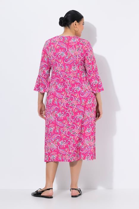 Robe en jersey motif cachemire, décolleté en V et manches 3/4, coupe évasée