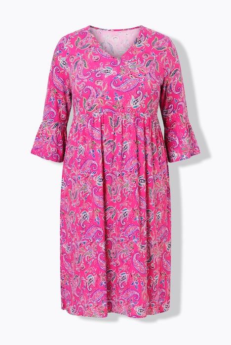 Robe en jersey motif cachemire, décolleté en V et manches 3/4, coupe évasée